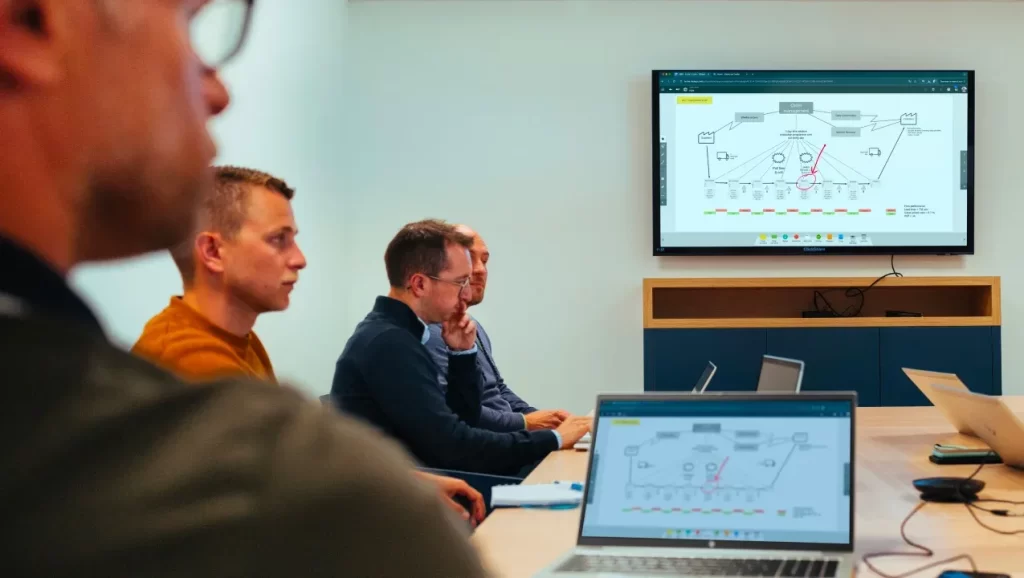 A pharmaceutical production team collaborates around a process map on iObeya