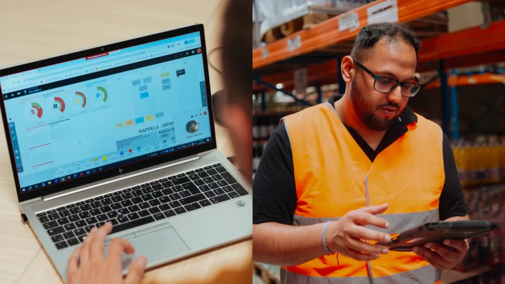 Split image: on the left, a laptop displays iObeya with SQCDP indicators. On the right, a supply chain operator uses a tablet during a Gemba Walk