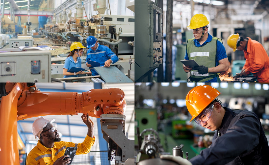 Photos of different collaborators at their workstations in a factory illustrating SMED.