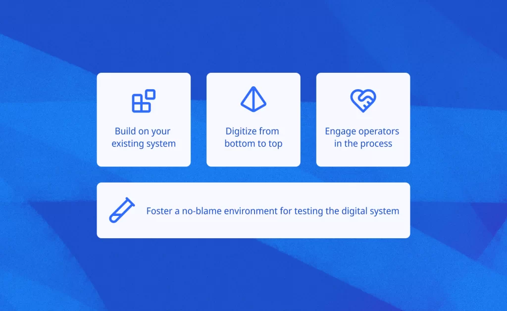 The 4 tips for implementing a digitized daily management system in your factory are to build on your existing system, digitize from the bottom to the top, engage operators in the process, and foster a no-blame environment for testing.